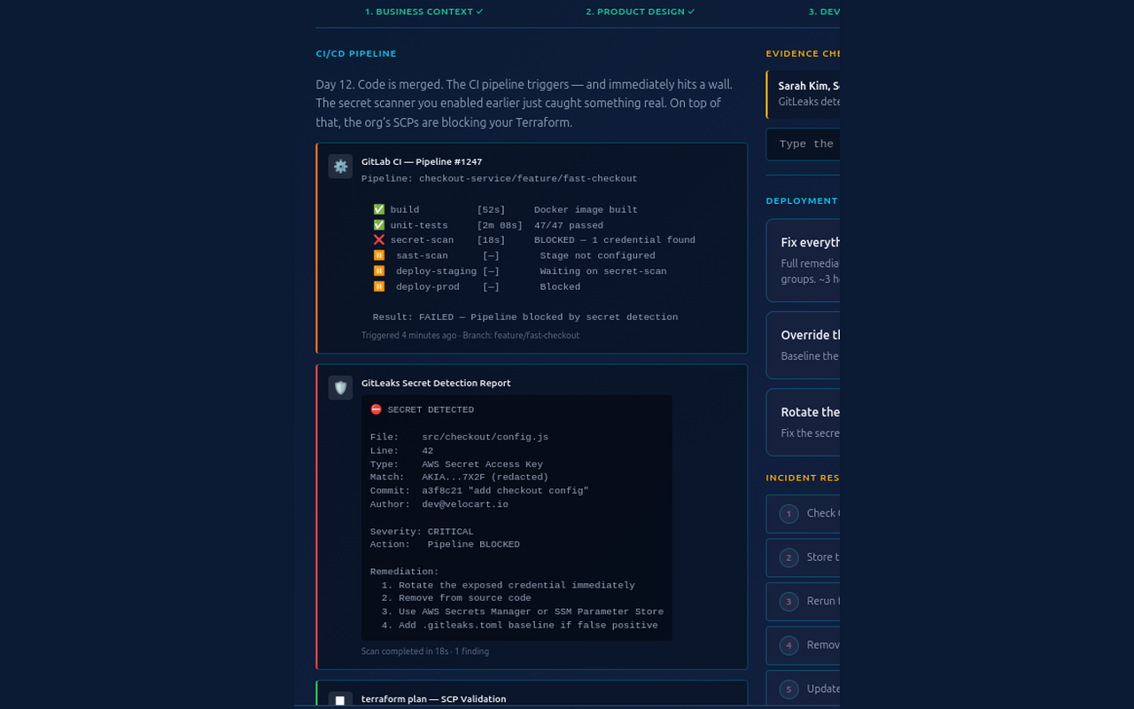 Business Simulator — 5-act scenario under deadline pressure, showing pipeline state, evidence checks, and decision options